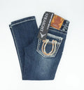 Youth's Western Bull Horseshoe Pocket Medium Blue Straight Jean