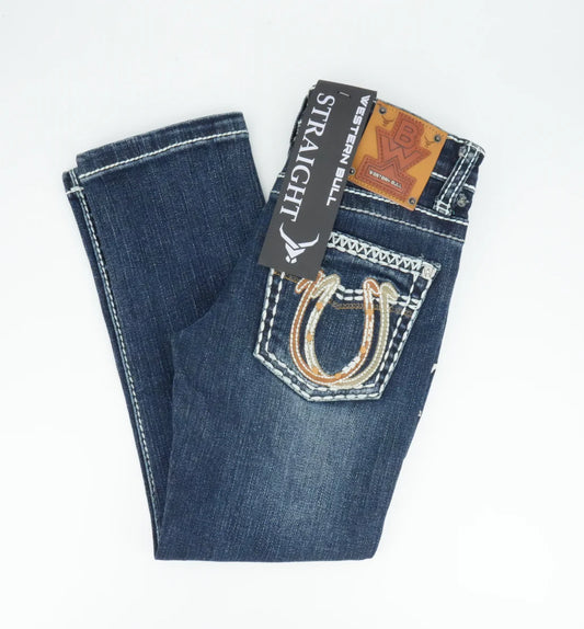 Youth's Western Bull Horseshoe Pocket Medium Blue Straight Jean