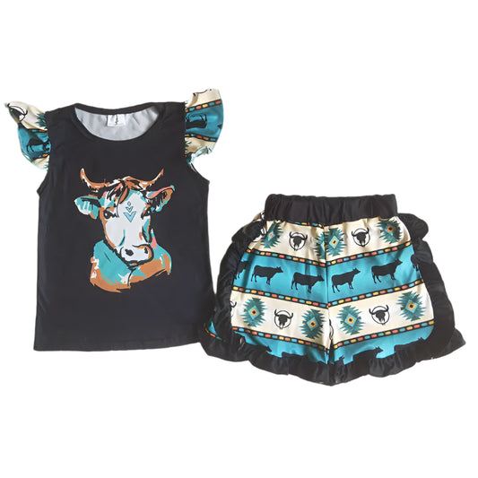 Baby Girls Western Cow Top Ruffle Shorts Sets