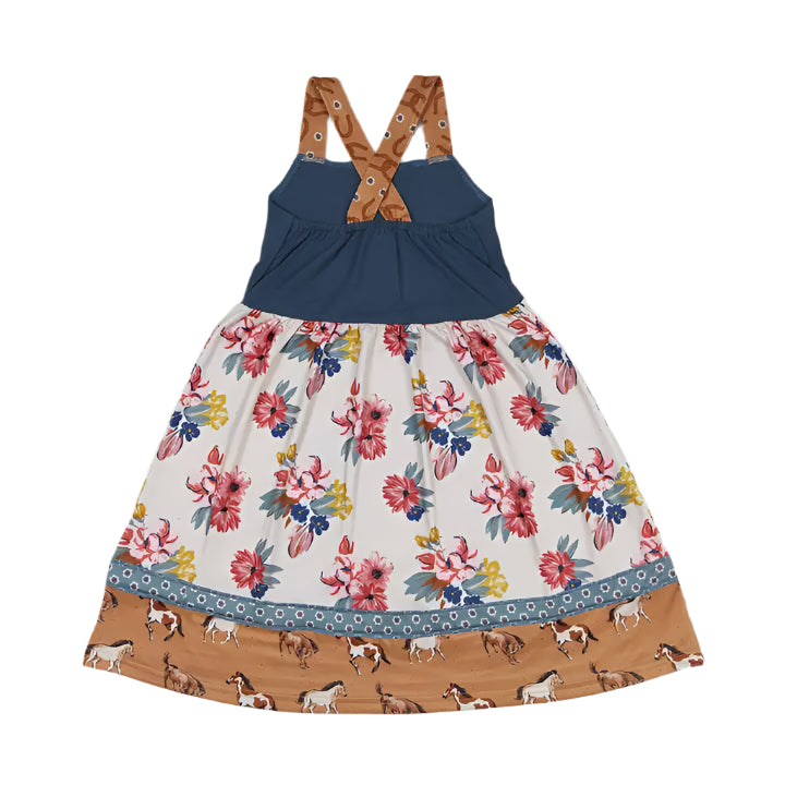 Baby Girls Western Horse Flowers Straps Knee Length Dresses