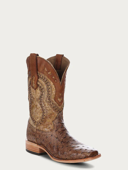 A4008 - MEN'S BROWN EMBROIDERY WITH WOVEN DETAIL AND OVERLAY FULL QUILL OSTRICH SQUARE TOE COWBOY BOOT