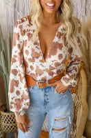 White Cow Print Deep V Neck Long Sleeve Bodysuit