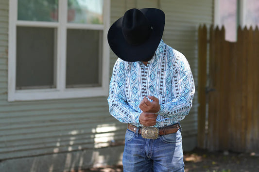 CUEROLINE WESTERN BRAND |Light Blue Grey Aztec Stripe Button Up SKCL2023156 156