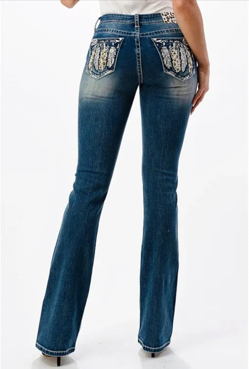 Grace in LA |Women’s Easy Fit Leopard Feather Pocket Boot Cut Jeans