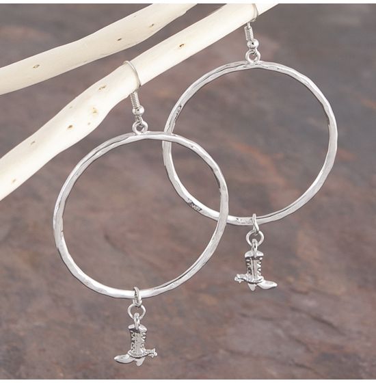 WEST CO SILVER DANGLE HOOP WITH COWBOY BOOT CHARM EARRINGS
