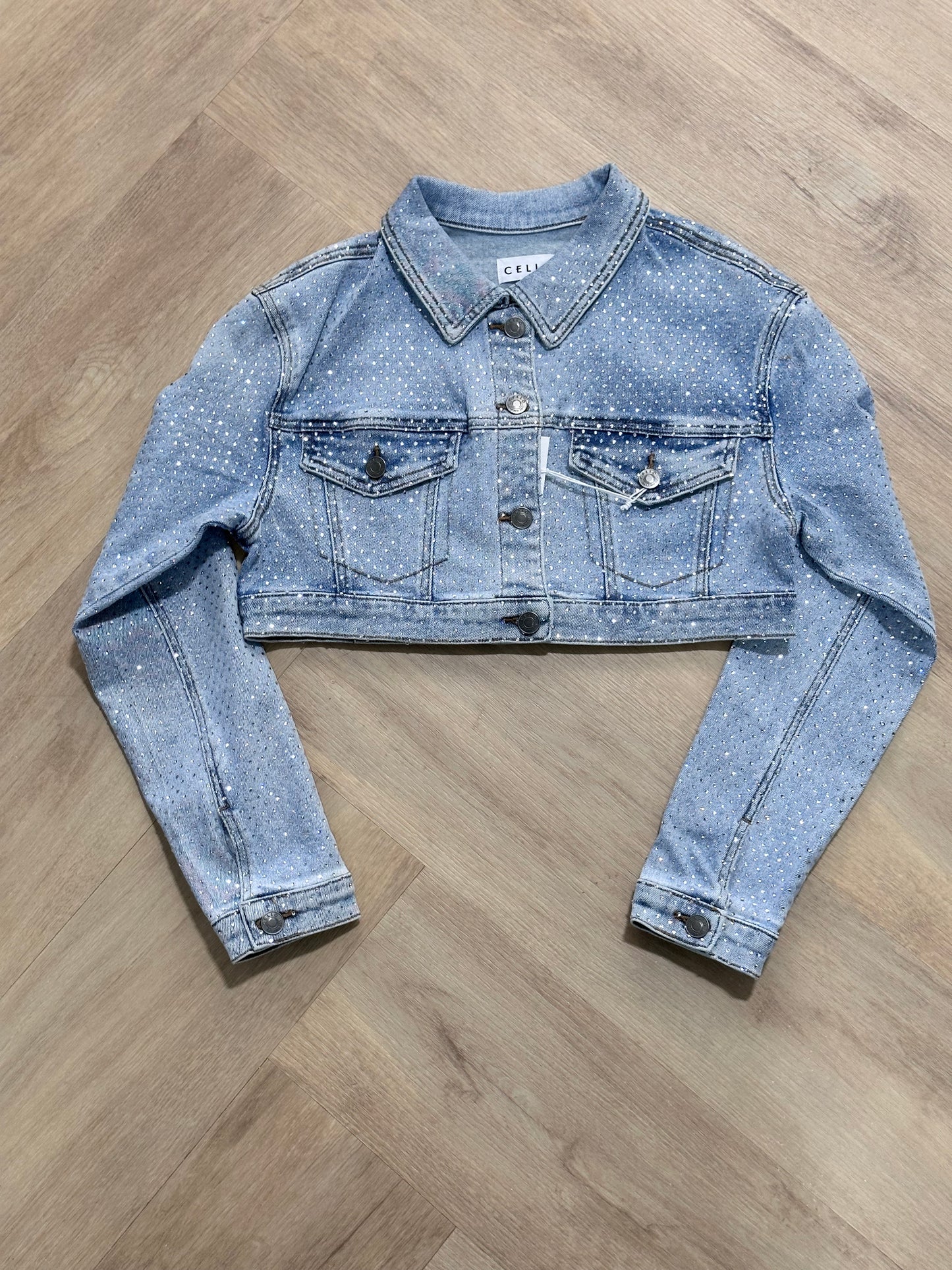 CELLO | crop Top Light Washed Jean Jacket Allover Rhinestone