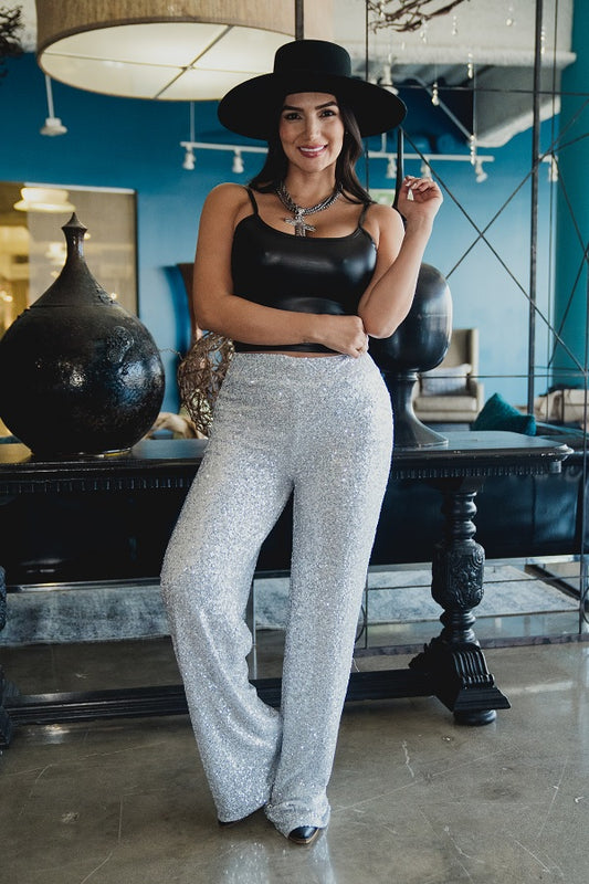 Lucky & Blessed | Silver Sequin Elastic Waistband Pants