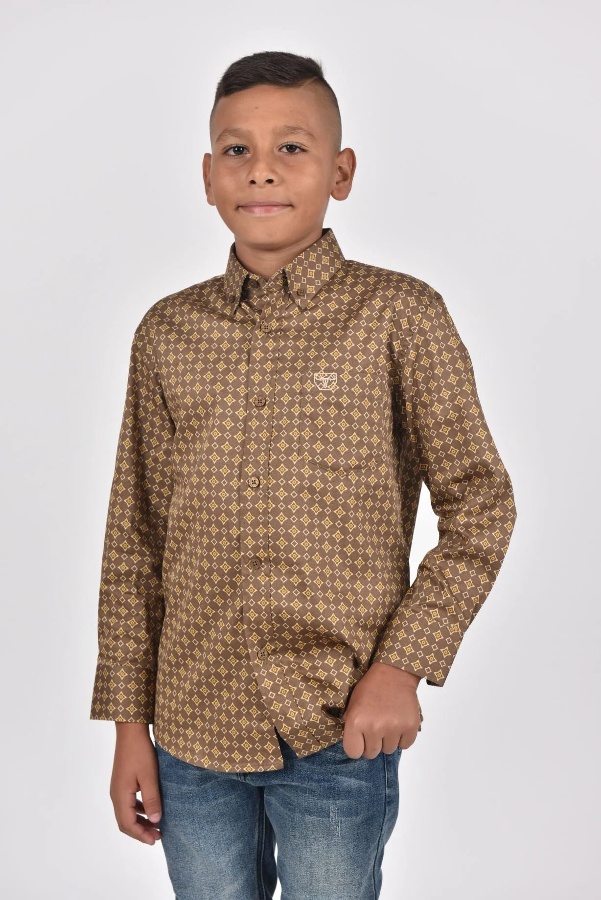 Platini | Kid's Cotton Brown Monogram Digital Print Dress Shirt