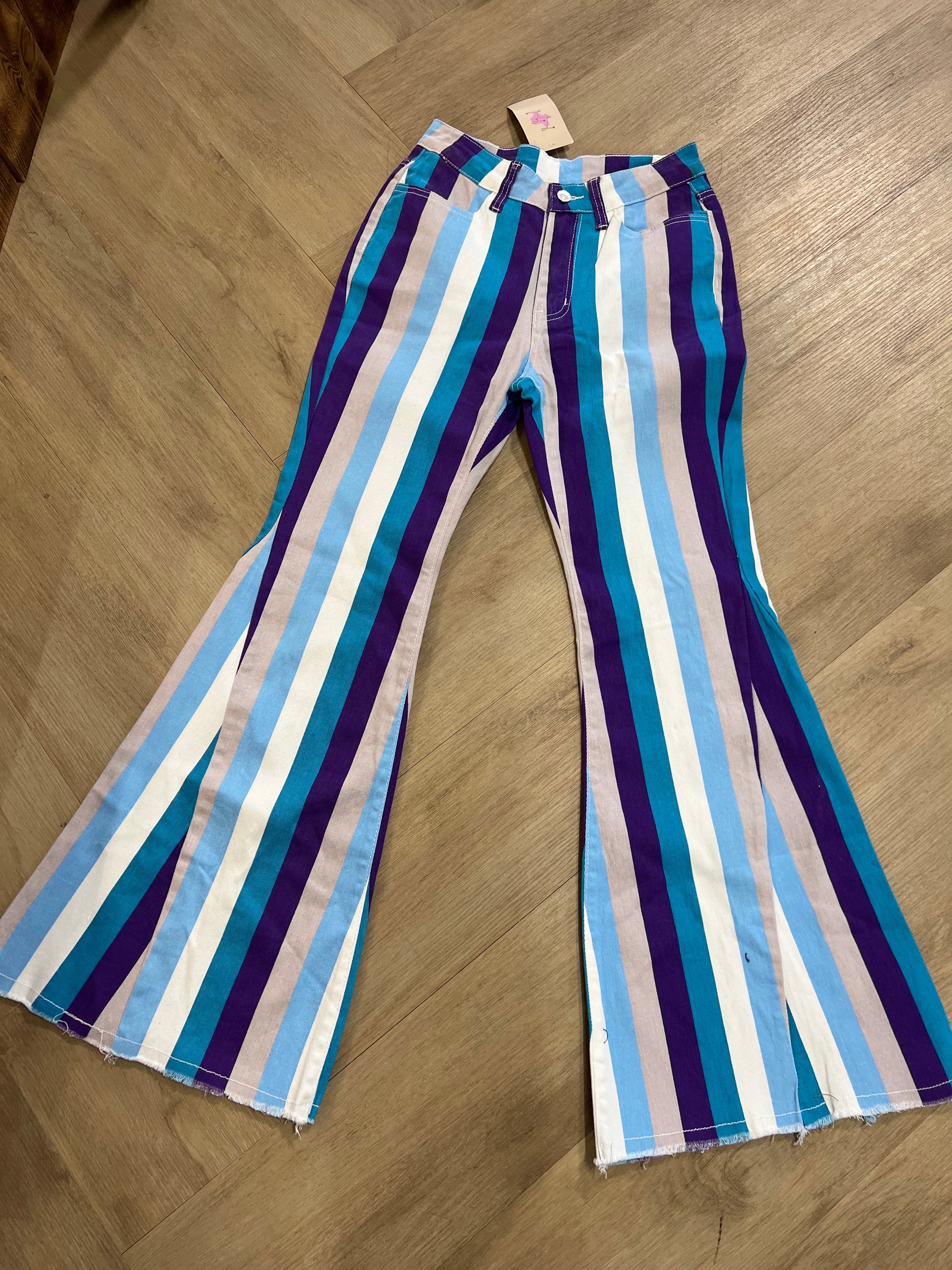 COLORFUL  STRIPED FLARE JEANS |PURPLE,WHITE,BLUE