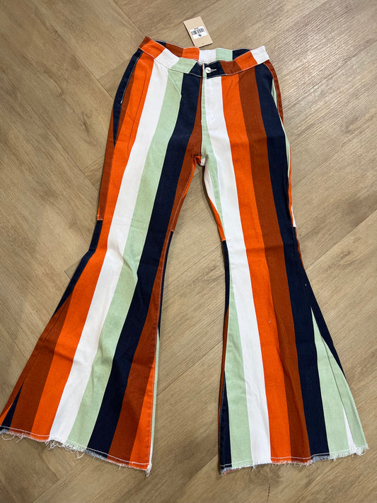 COLORFUL STRIPED FLARE JEANS | BLUE,WHITE,ORANGE