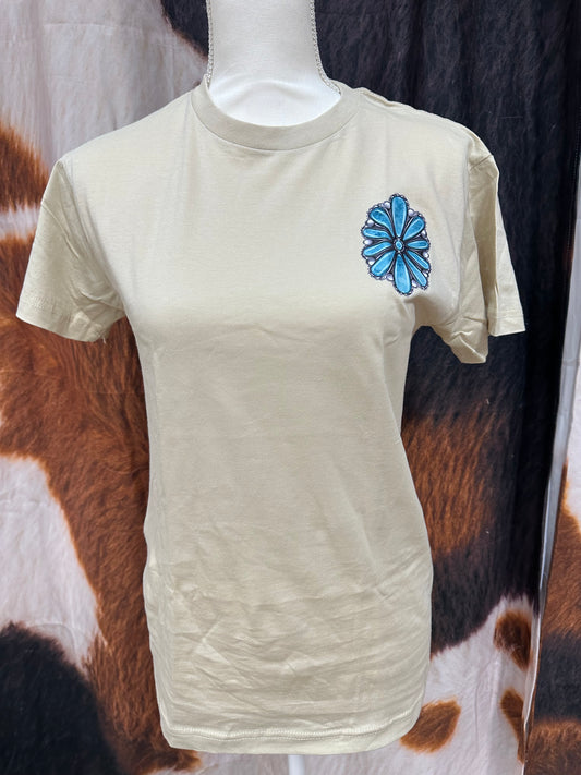 LUCKY & FRIENDS | BEIGE CUSTOM T-SHIRT TURQUOISE  HAT & BOOT & CACTUS