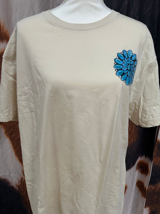 LUCKY & FRIENDS | BEIGE CUSTOM T-SHIRT THROW SOME TURQUOISE ON AND HANDLE YOUR SHIT