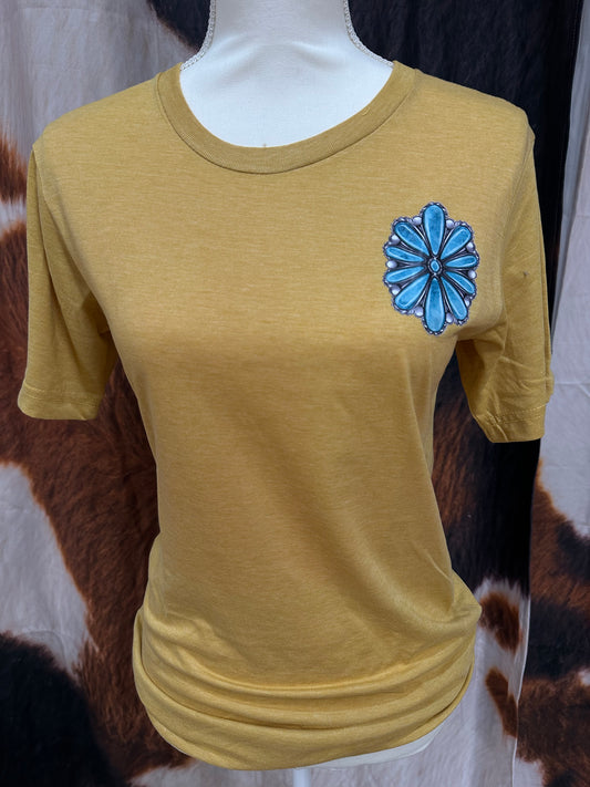 LUCKY & BLESSED LIFE |MUSTARD COLOR CUSTOM T-SHIRT BROWN TURQOUISE BOW