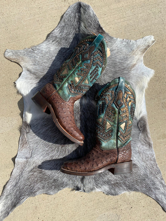A4059 - WOMEN'S TURQUOISE EMBROIDERY, STUDED WITH WOVEN DETAIL BROWN OSTRICH SQUARE TOE RODEO BOOT