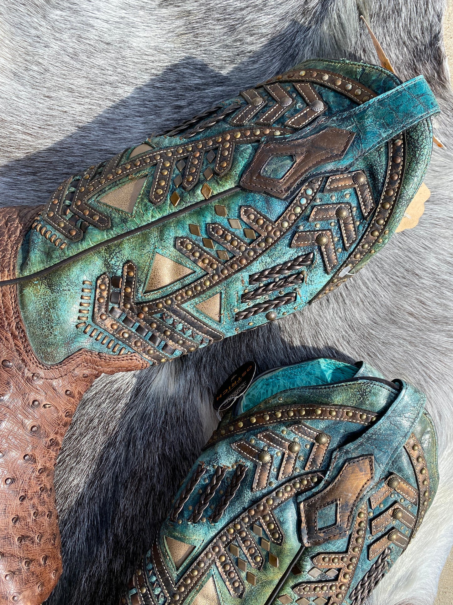 A4059 - WOMEN'S TURQUOISE EMBROIDERY, STUDED WITH WOVEN DETAIL BROWN OSTRICH SQUARE TOE RODEO BOOT