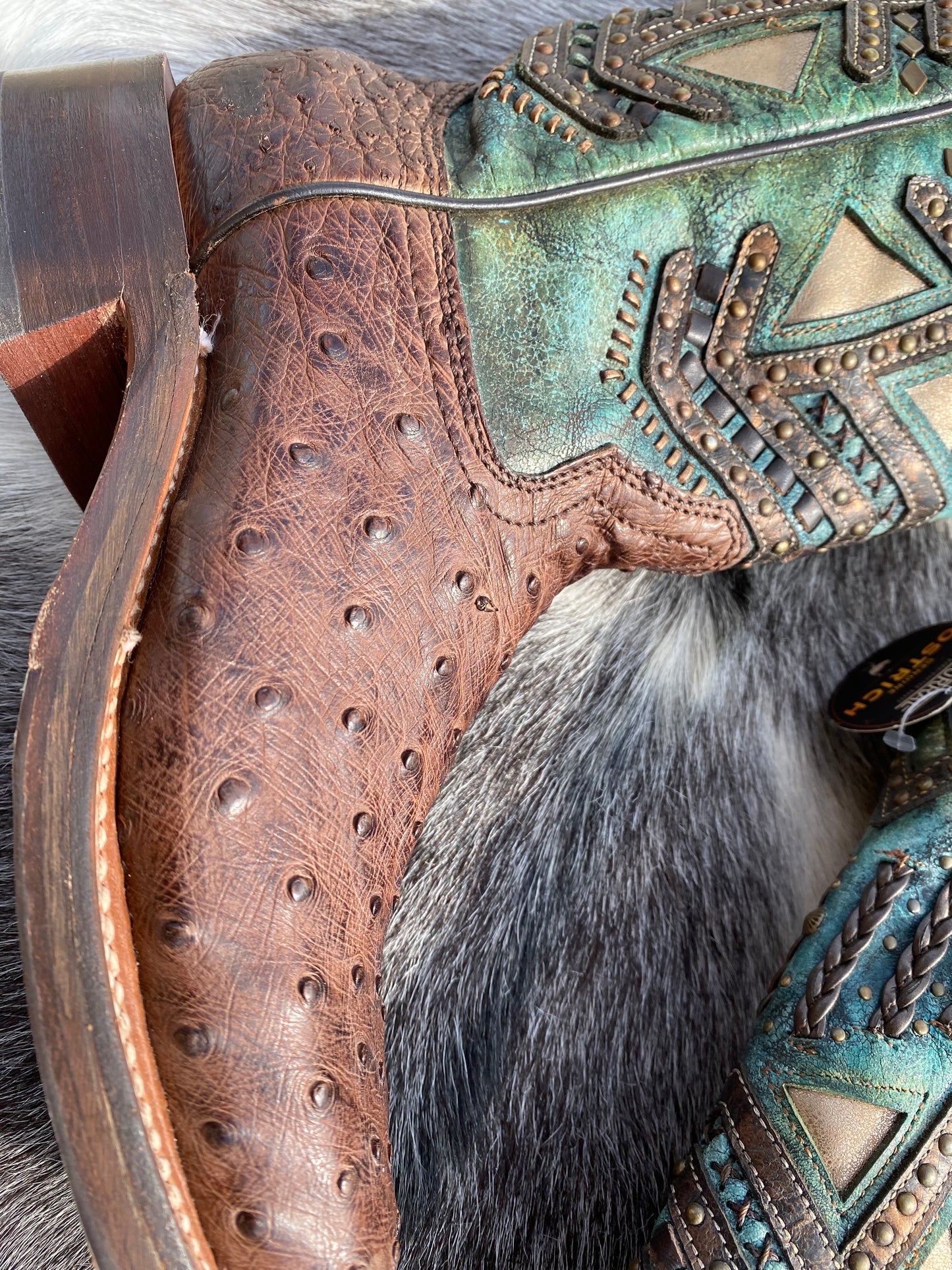 A4059 - WOMEN'S TURQUOISE EMBROIDERY, STUDED WITH WOVEN DETAIL BROWN OSTRICH SQUARE TOE RODEO BOOT