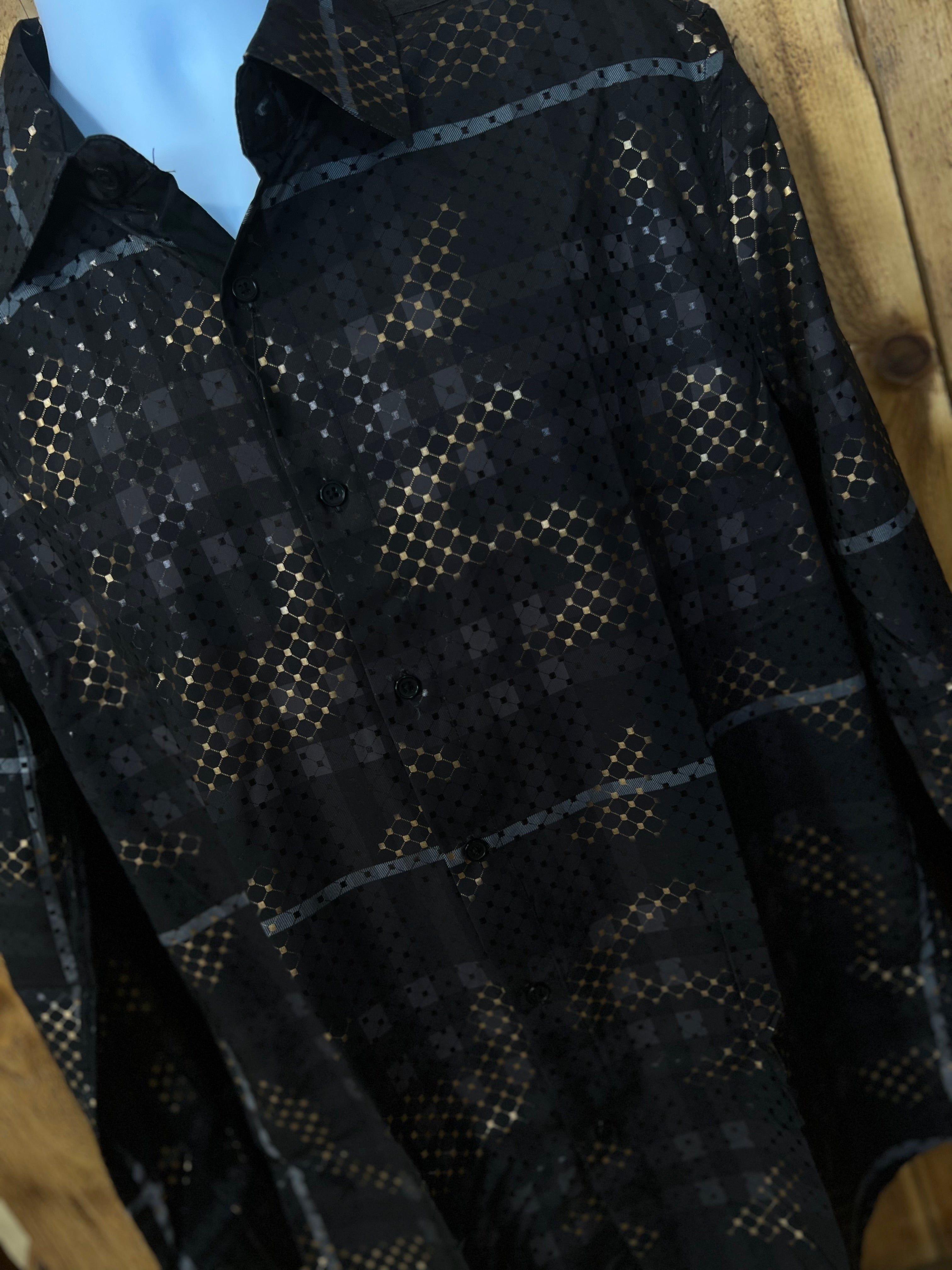 CALVINO PREMIUM QUALITY | BLK & GOLD , SILVER LONG SLEVE DRESS SHIRT