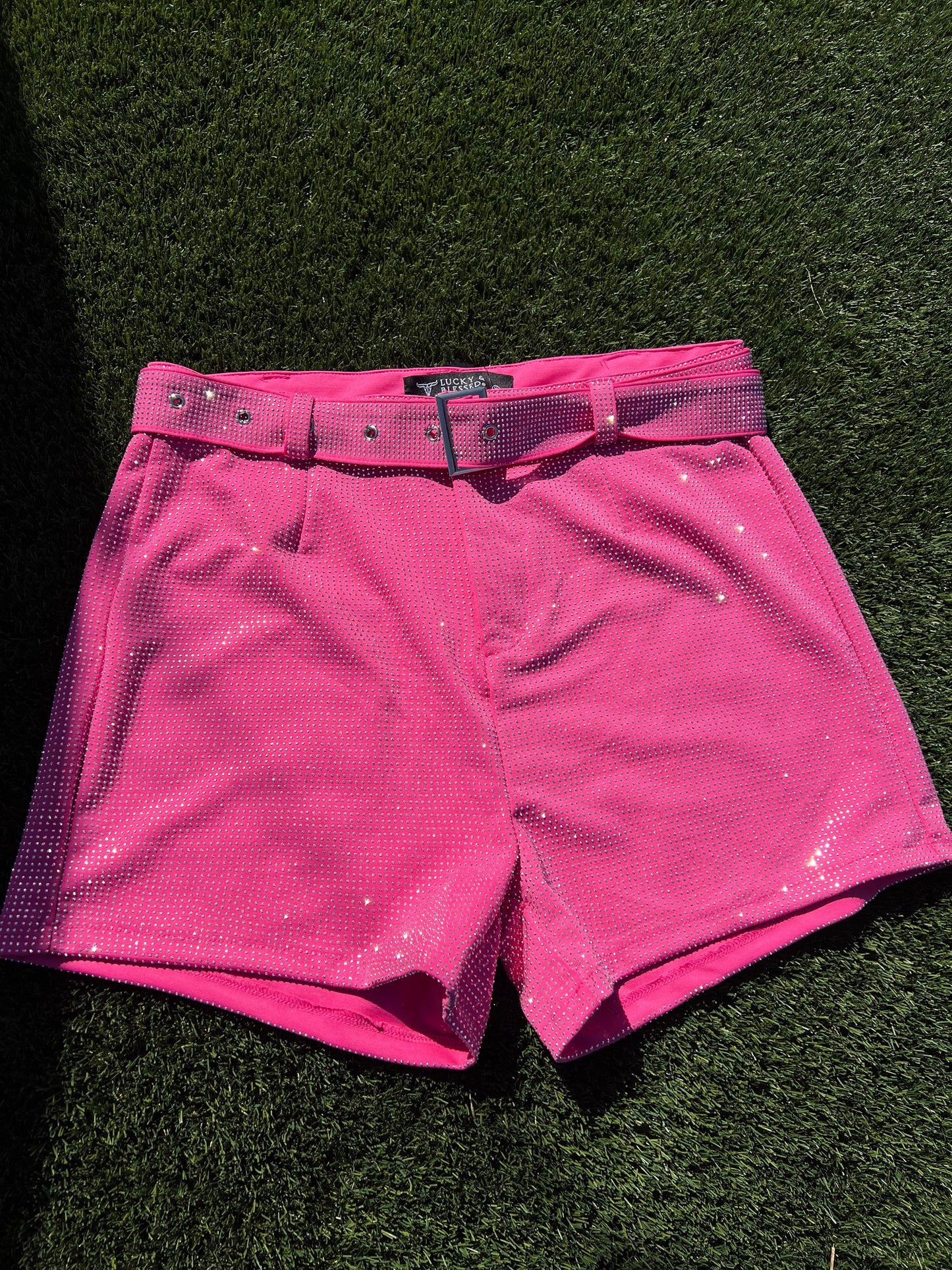 LUCKY & BLESSED | PINK RHINESTONE SHORTS