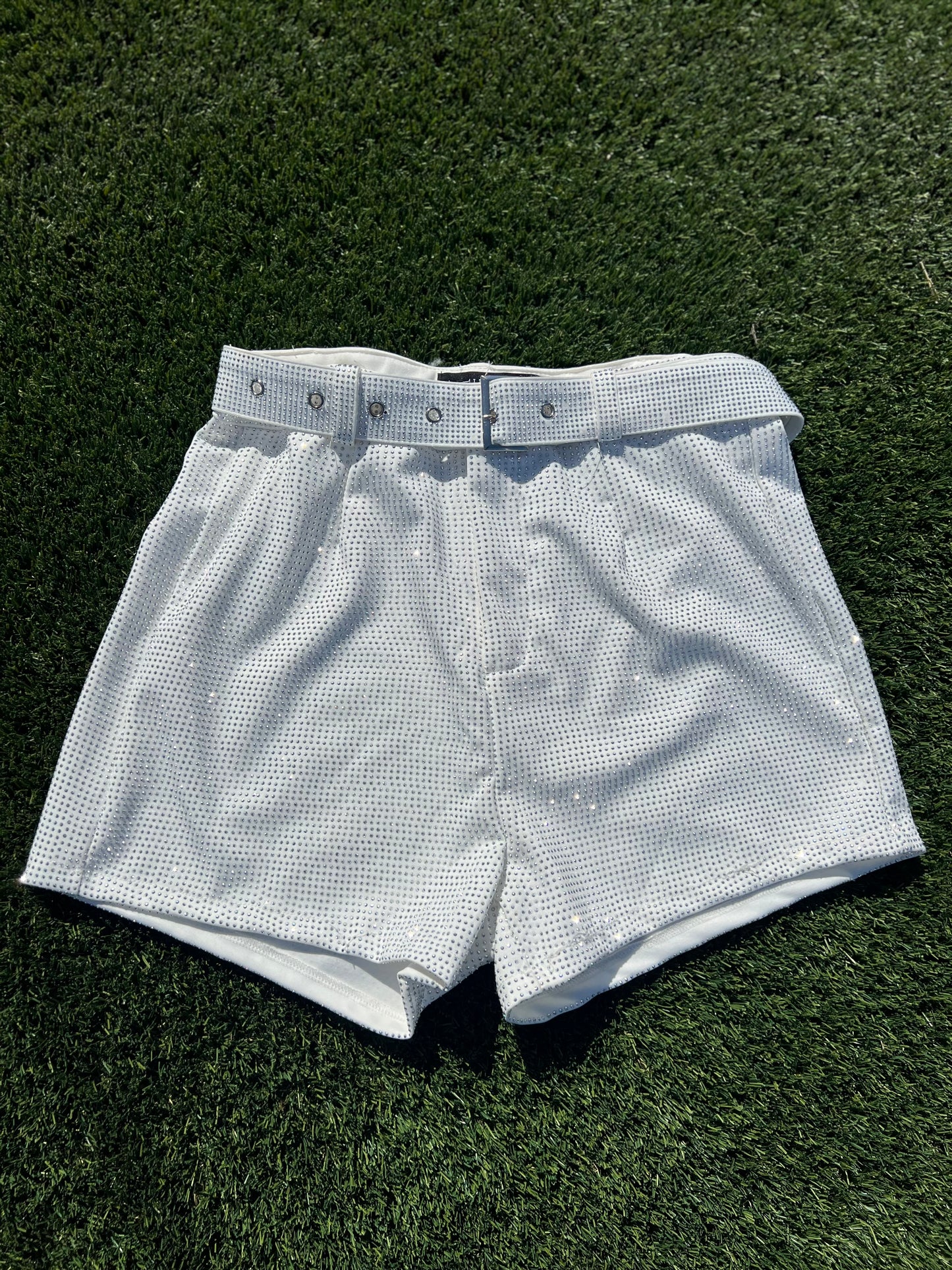 LUCKY & BLESSED | WHITE RHINESTONE SHORTS WITH BELTS