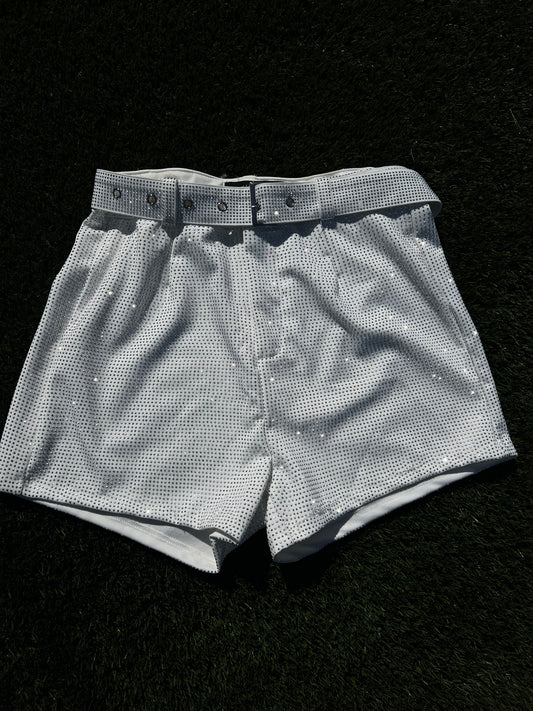 LUCKY & BLESSED | WHITE RHINESTONE SHORTS WITH BELTS