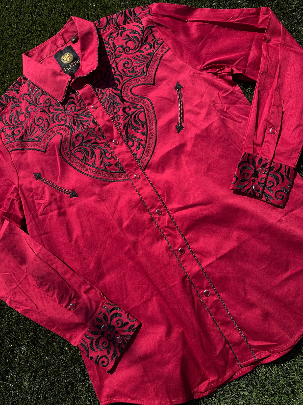 Men Embroidery Modern Fit Stretch Red Long Sleeve Shirt