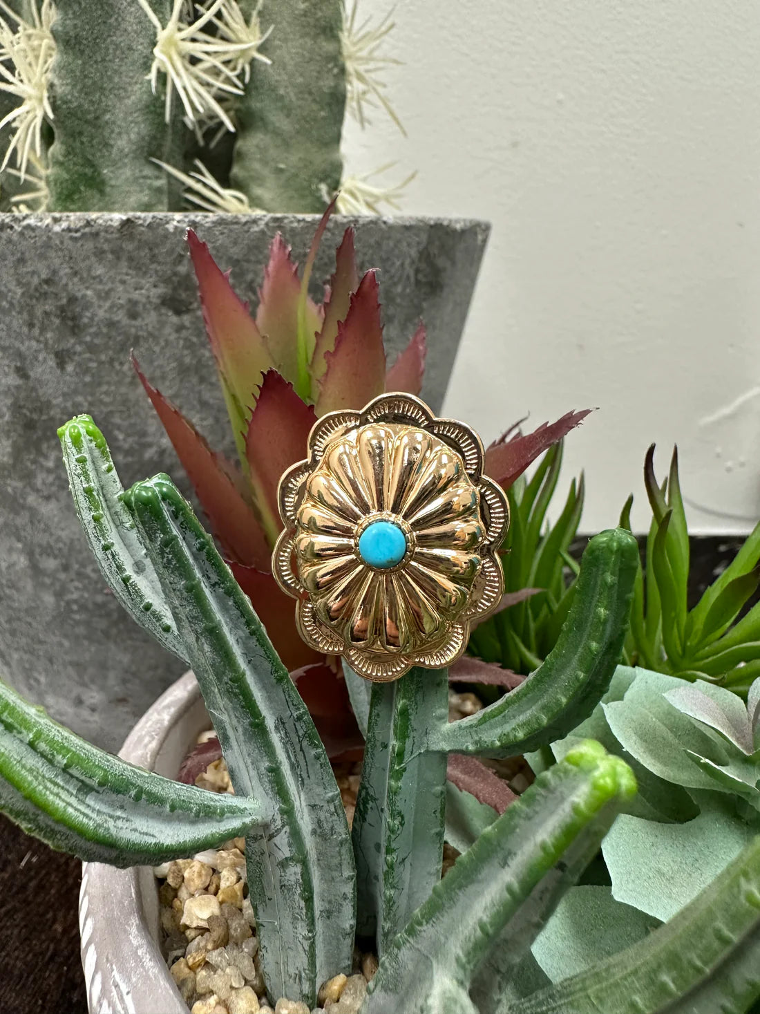 West & Co Large Burnished Gold Concho with Turquoise Stone Adjustable Ring R253TQR