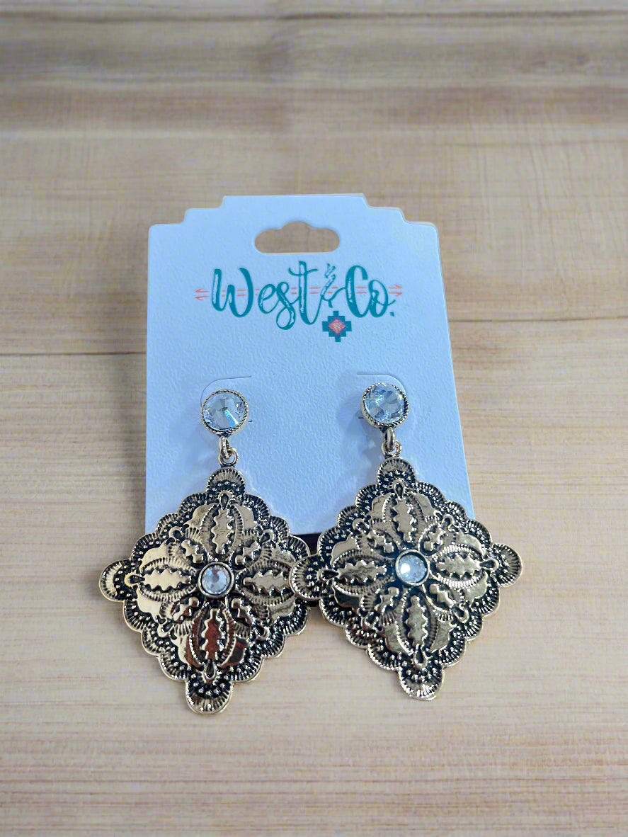 WEST CO E818GCLR GOLD DIAMOND SHAPED CONCHO EARRING ON RHINESTONE POST