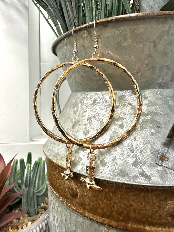West & Co Gold Hammered Dangle Hoop with Cowboy Boot Charm Earring E892G