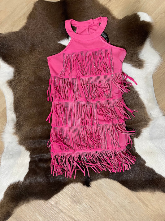 LUCKY & BLESSED SPARKLY PINK FRINGE DRESS