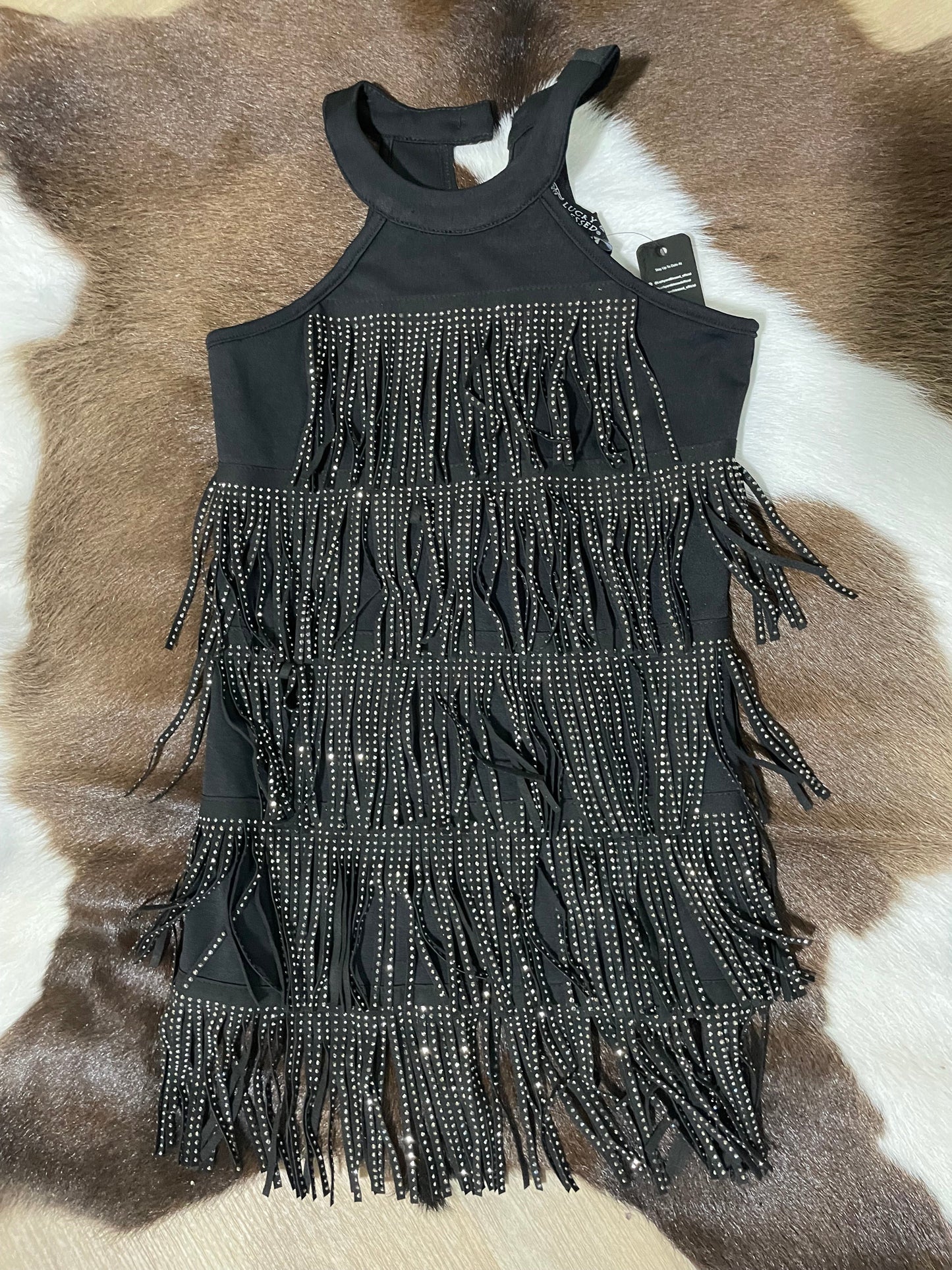 LUCKY & BLESSED SPARKLY BLK FRINGE DRESS