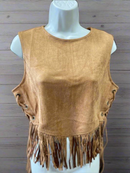 S&H SIDE LACE UP FRINGED TOP CAMEL