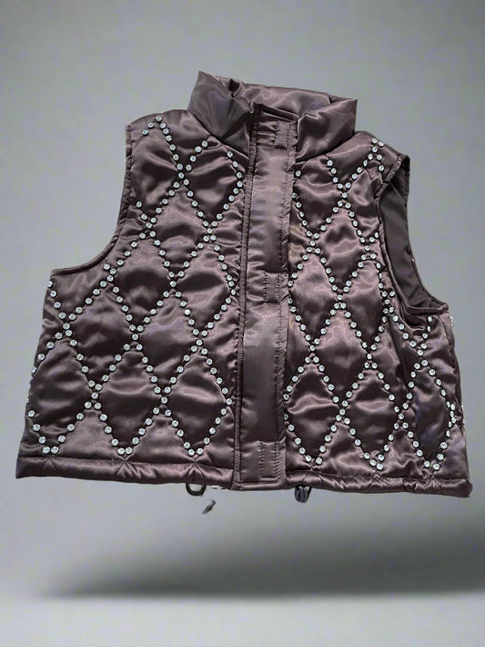 BLUE B SHINY WOVEN STUDDED CROP PUFFER ZIP UP VEST