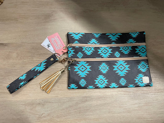 PEACHY KEEN TEAL AZTEC PRINT MAKEUP BAG