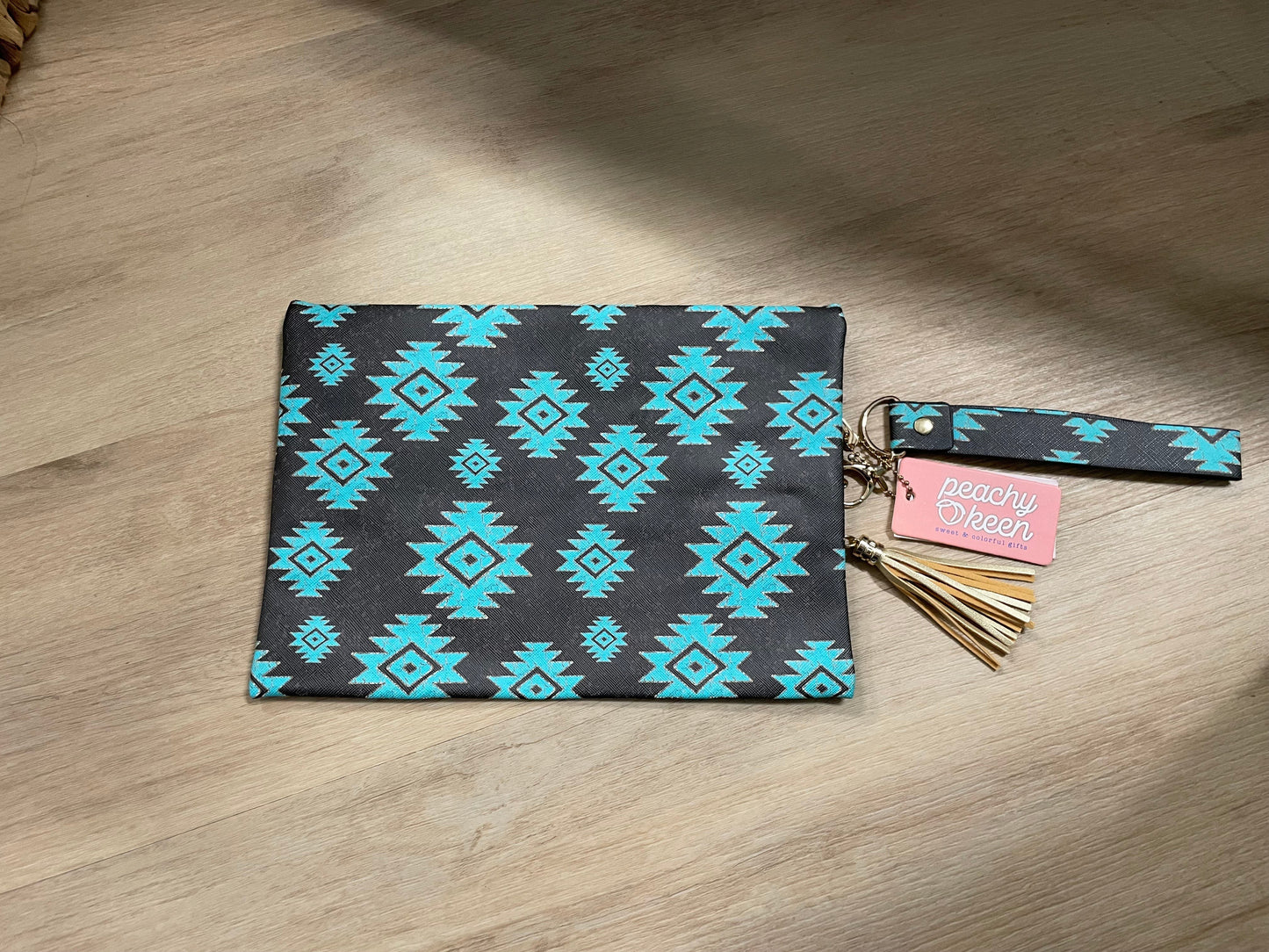 PEACHY KEEN TEAL AZTEC PRINT MAKEUP BAG