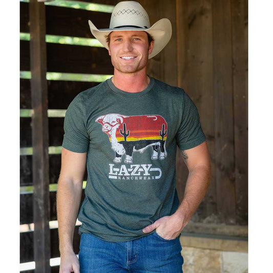 Lazy J Ranch Wear Sunrise Cactus Bull Short Sleeve T-Shirt – Heather Forest Green