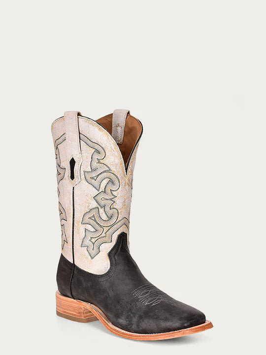 A4348 - MEN'S EMBROIDERY DISTRESSED BLACK AND WHITE WIDE SQUARE TOE COWBOY BOOT