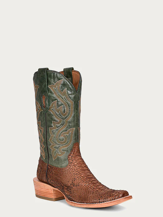 A4287 - MEN'S EMBROIDERY GENUINE BROWN PYTHON VAMP NARROW SQUARE TOE GREEN COWBOY BOOT