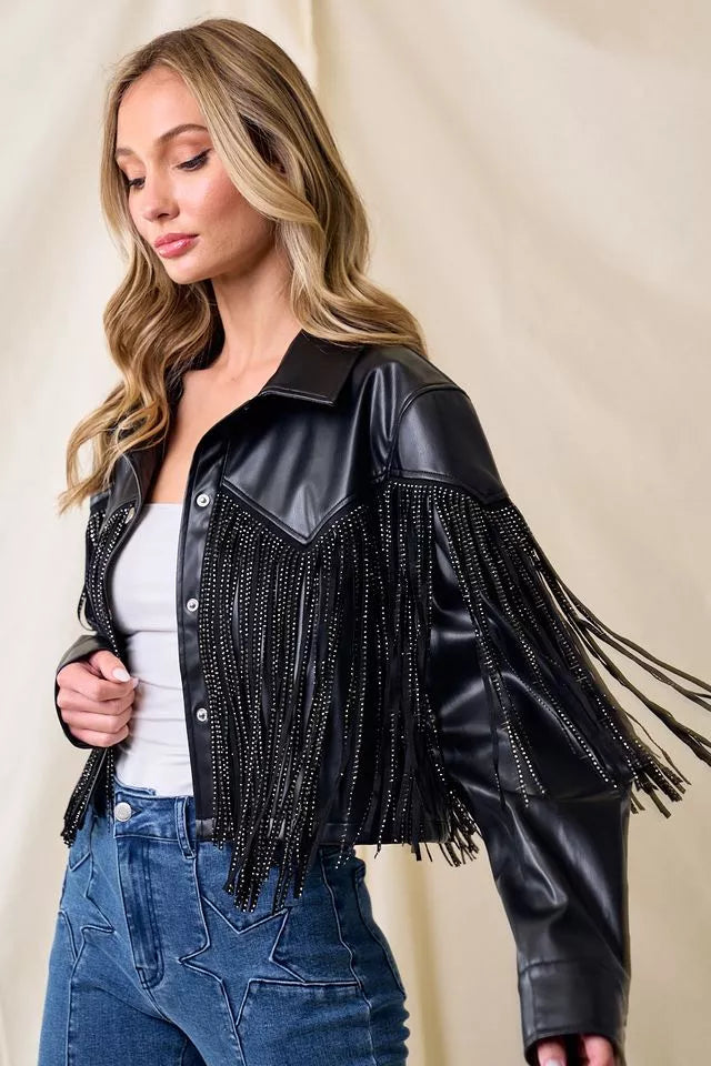 SIJ5253A BLACK PU SILVER STUDDED FRINGE BUTTON DOWN JACKET