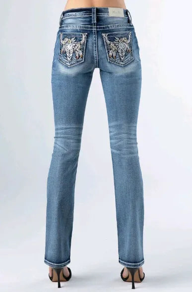 Miss Me Women’s Medium Wash Mid Rise White Turquoise Feather Skull Pockets Bootcut Jeans