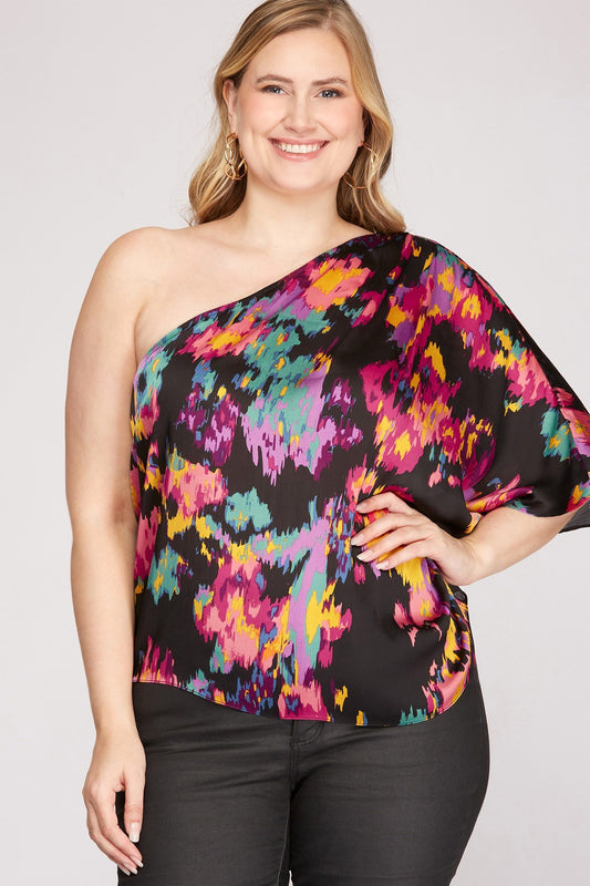 She+Sky |PLUS - ONE SHOULDER WOVEN PRINT TOP