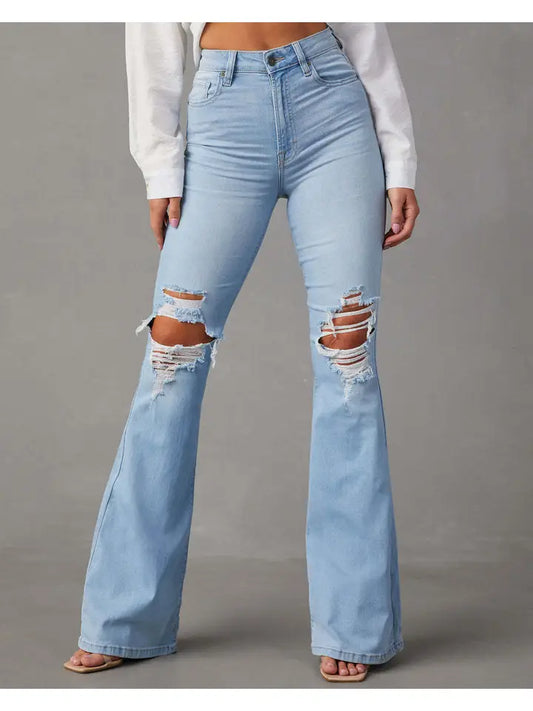 High-Waisted Trousers Ripped Jeans Flared Pants Women