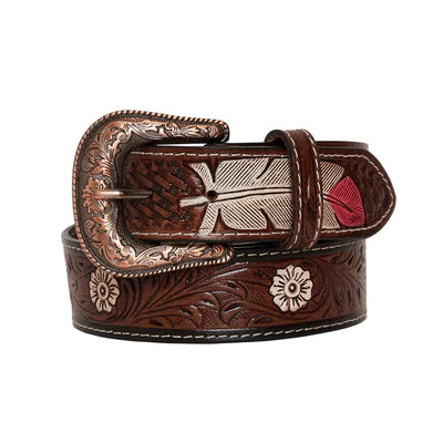 Pink feather Hand-Tooled Leather Belt L