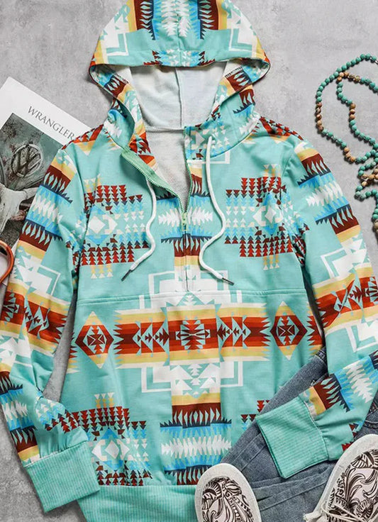 SKY BLUE AZTEC GEOMETRIC DRAWSTRING ZIPPER HOODIE