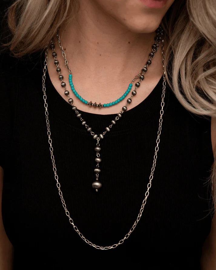 West & Co Multi-Layered Burnished Silver Chain with Green Turquoise & Faux Navajo Peal Necklace N1506