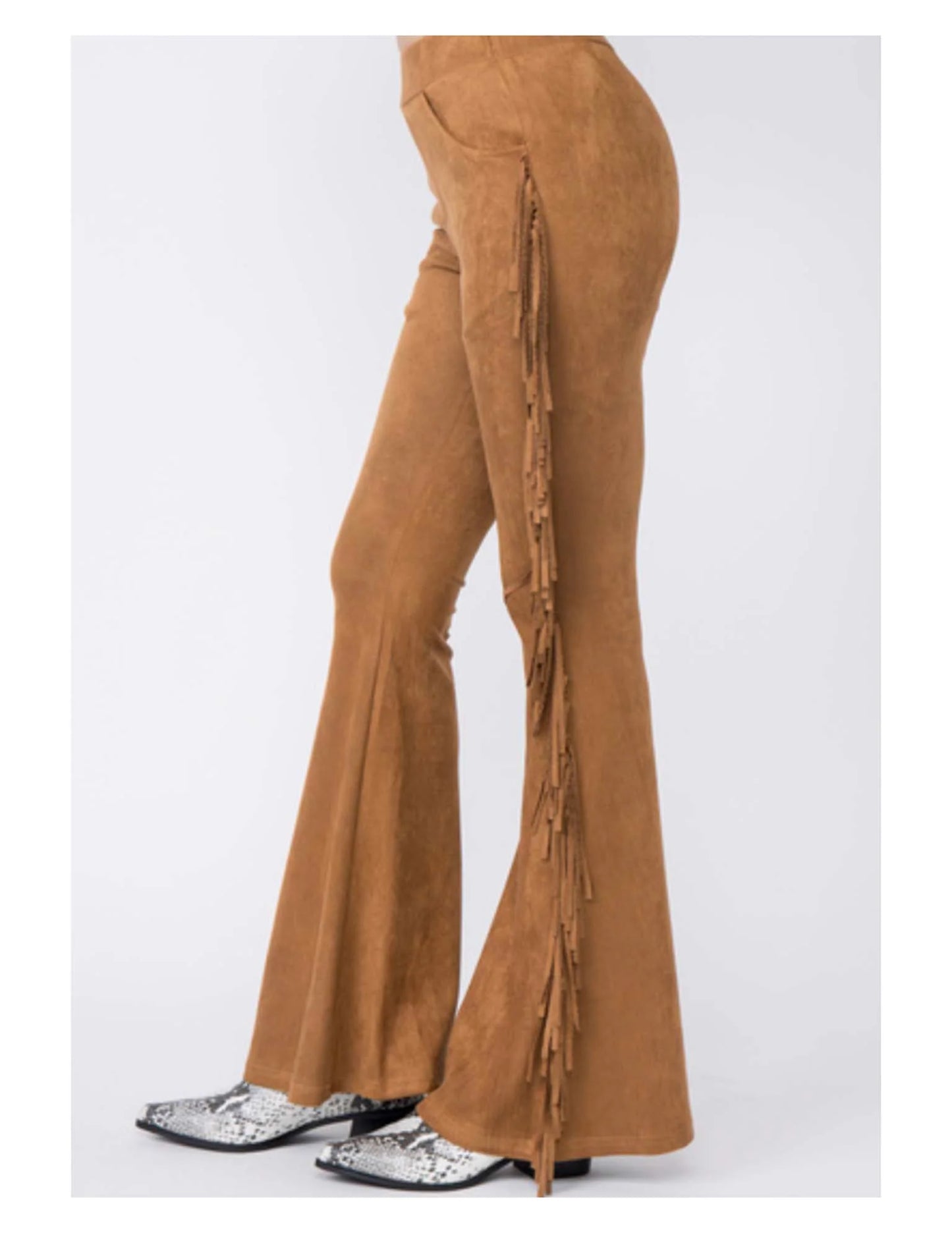 SUEDE FRINGED FLARED PANTS CAMEL