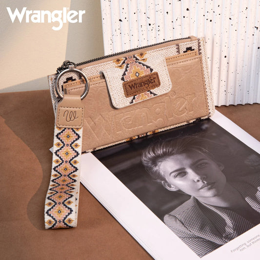 WG139-W013 Wrangler Aztec Print Bi-Fold Wallet Wristlet – Tan