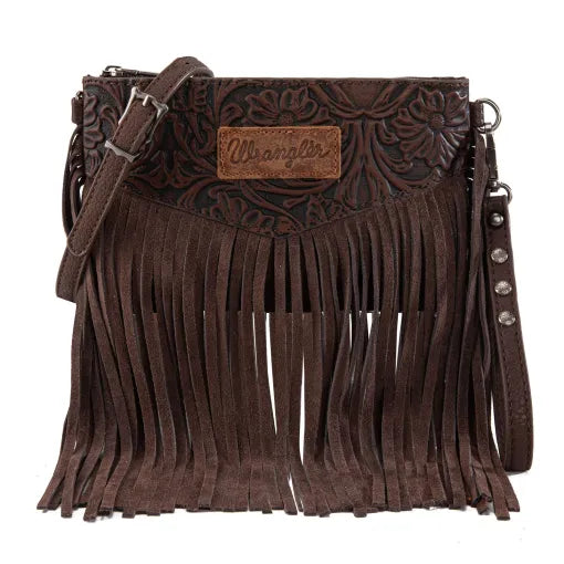 Wrangler Vintage Floral Tooled Collection Fringe Crossbody – Coffee