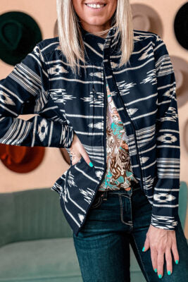 NAVY BLUE WESTERN AZTEC PRINT ZIPPED JACKET