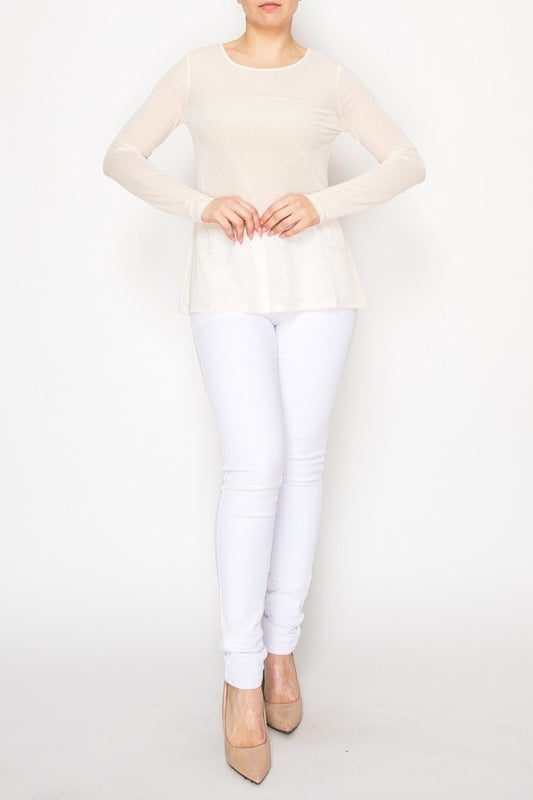 ORIGAMI byvivien |Long Sleeved Mesh Top With Sparkly Details BEIGE