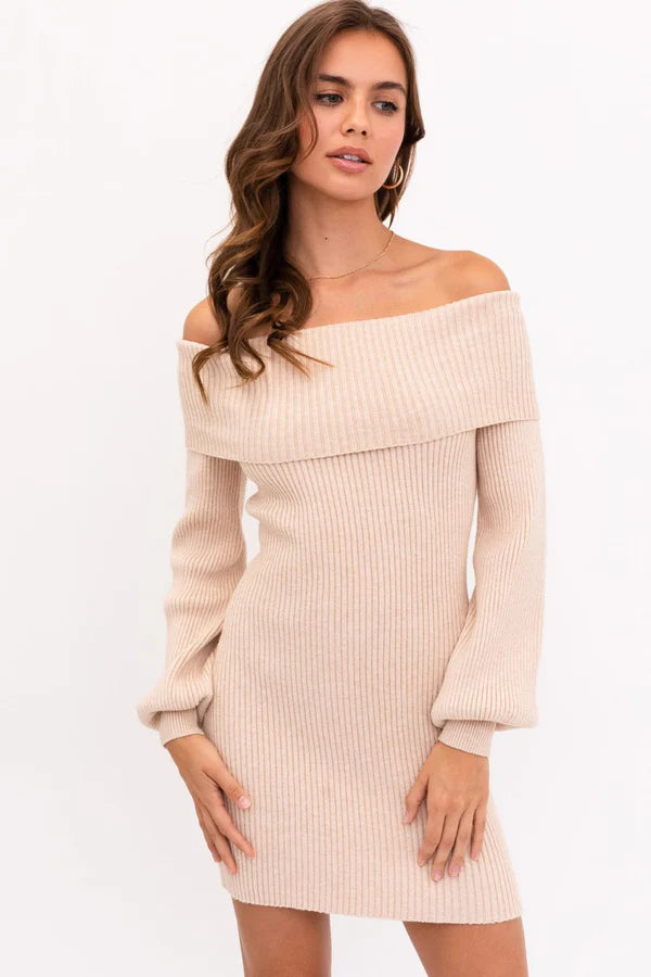 LELIS BALLOON SLEEVE OFF SHOULDER RIBBED DRESS